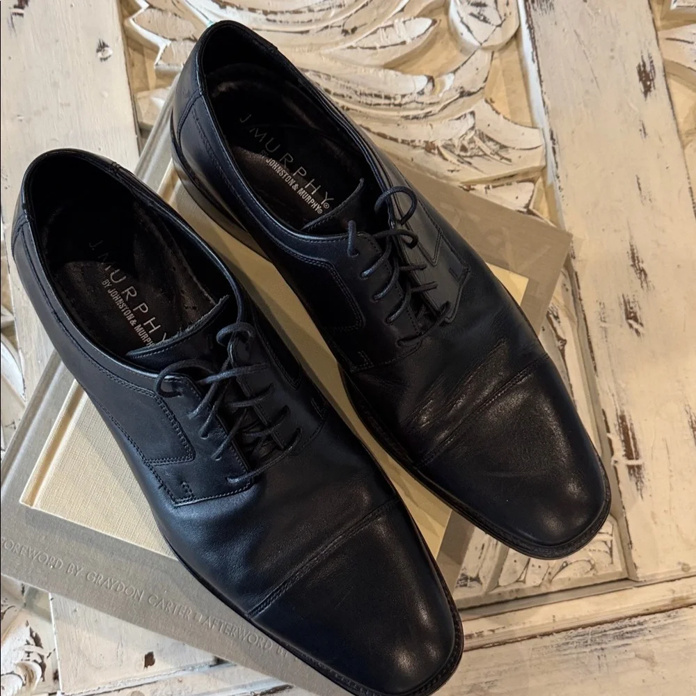 Johnston & Murphy Mens 12M Cap Toe Oxford Black Leather Shoes 59 -11567 Preppy